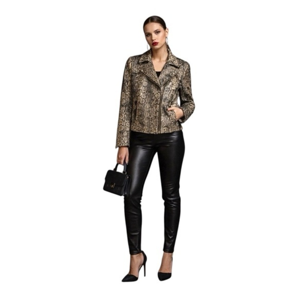 Chico’s Snake Print Metallic Moto Jacket Edgy Glam Rock Chic Size 2